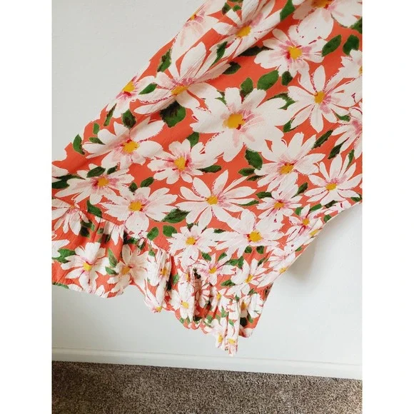 Angie Womens M Orange Daisy Floral Print Wide Leg Jumpsuit Smocked Bohemian Boho - Picture 4 of 10